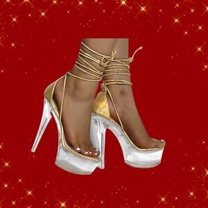 Ladies Size 7 Holographic Gold Ankle Wrap Strap Platform Stilettos